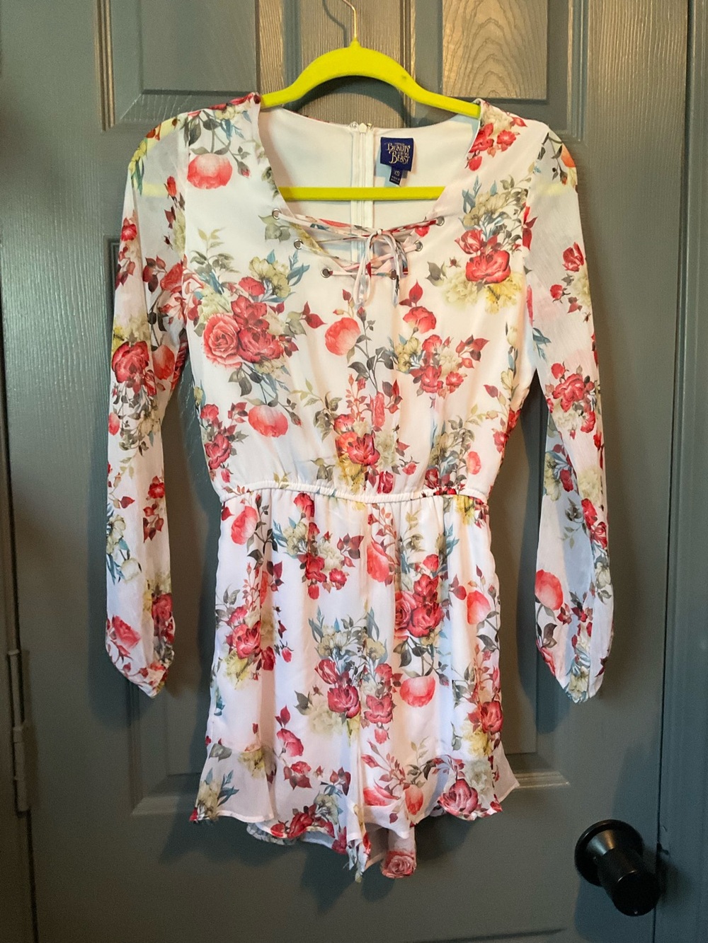 Disney Beauty and the Beast XS (Pockets) white floral romper